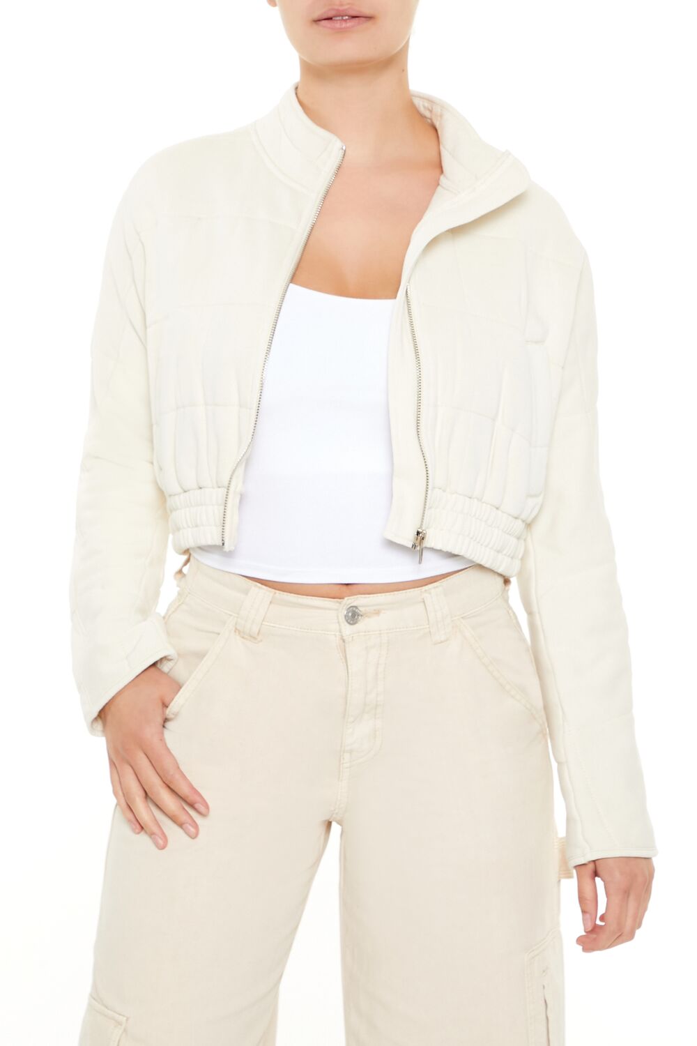  Forever 21 Quilted Zip-Up Cropped Jacket - white - Bonton