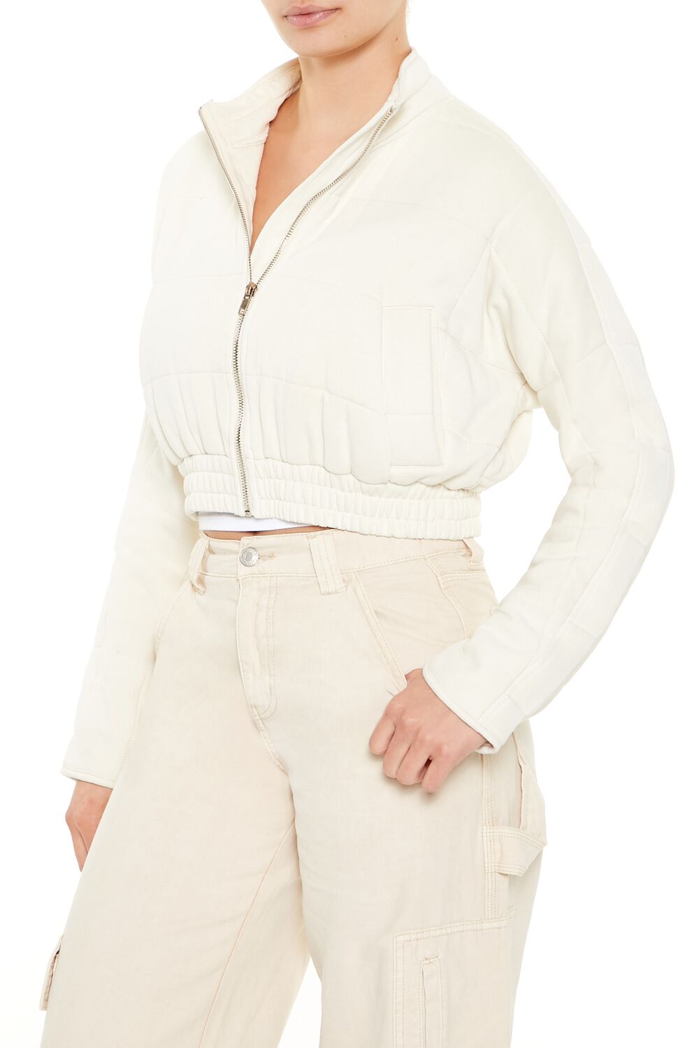  Forever 21 Quilted Zip-Up Cropped Jacket - white - Bonton