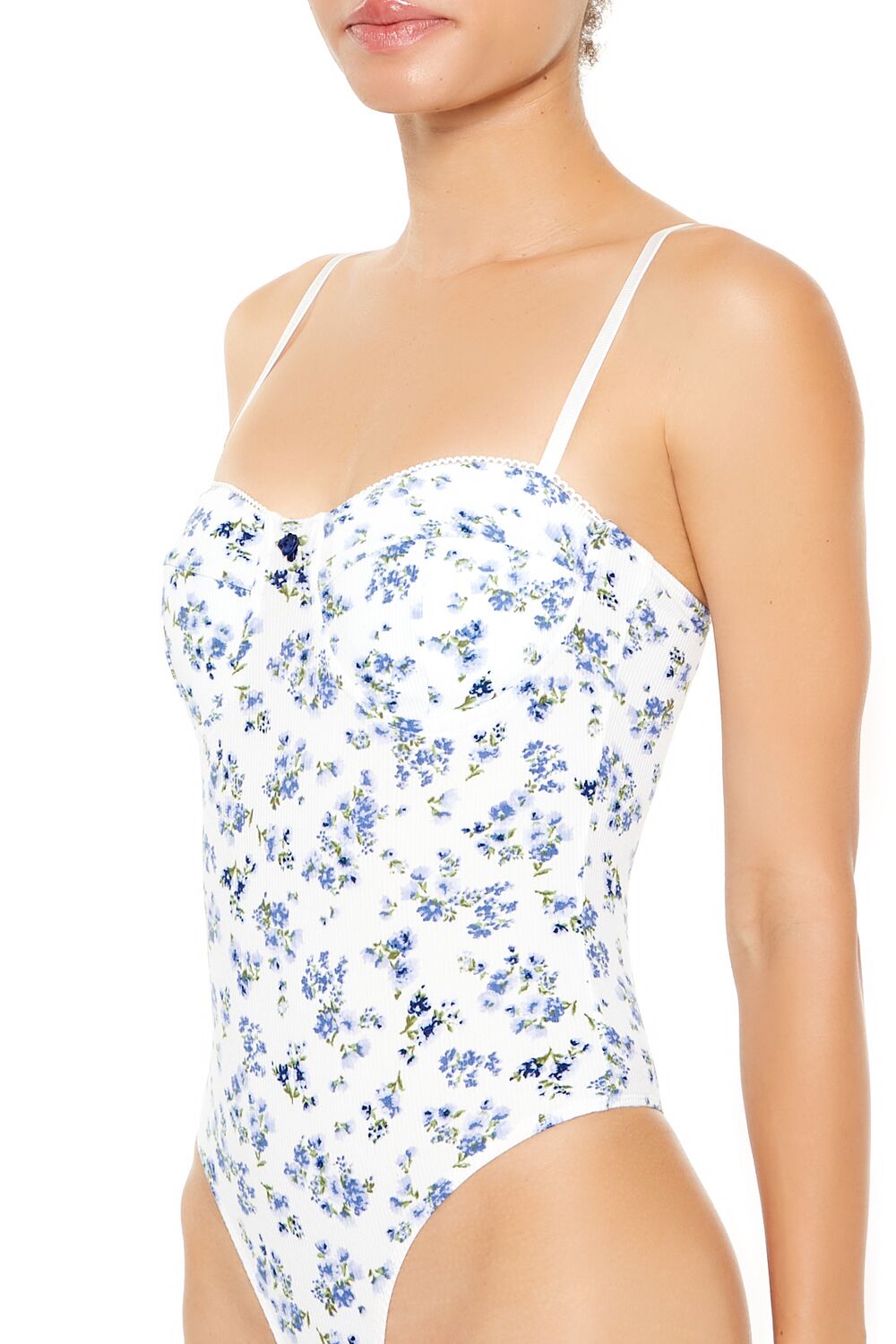  Forever 21 Floral Lingerie Thong Bodysuit - white-multi - Bonton
