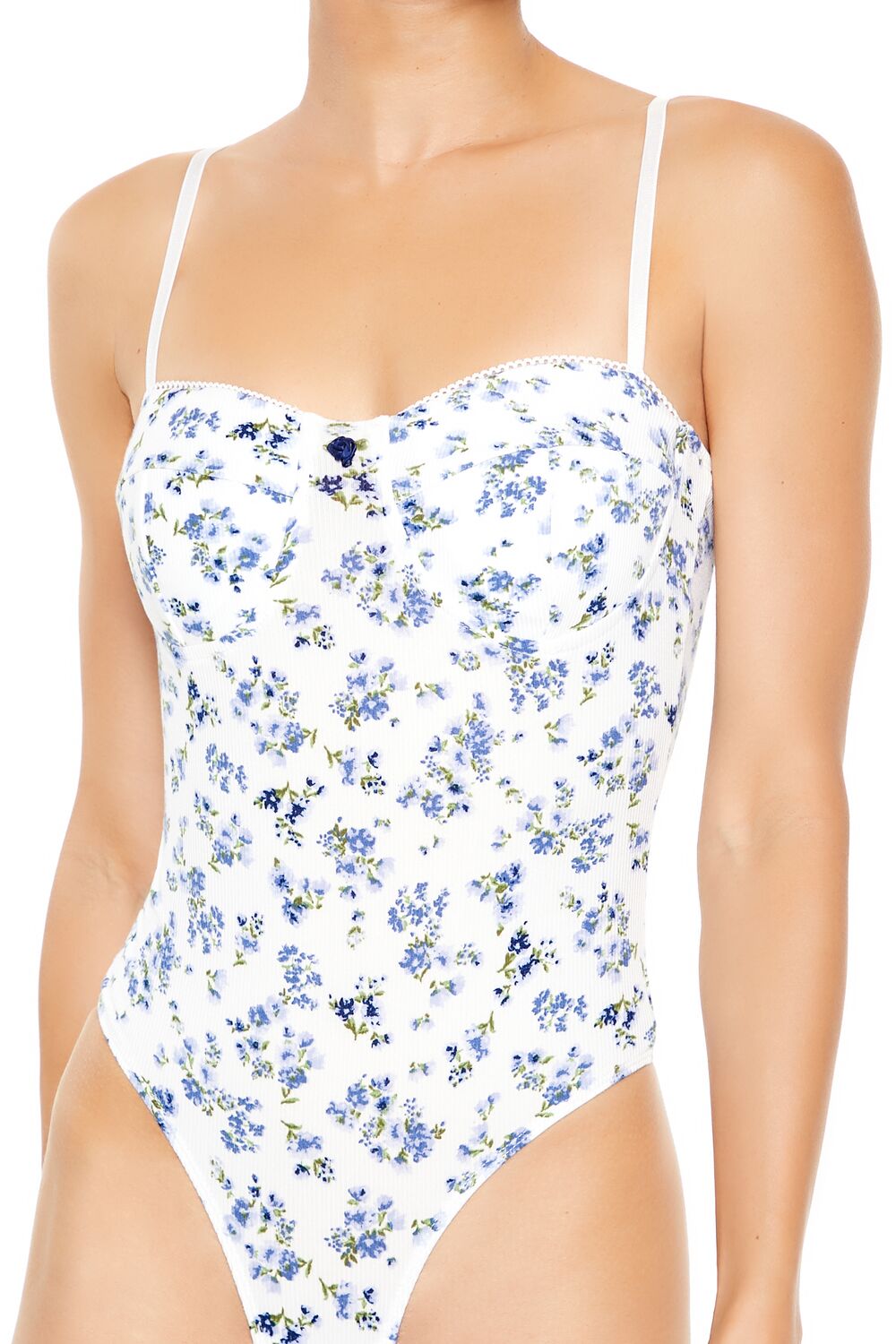  Forever 21 Floral Lingerie Thong Bodysuit - white-multi - Bonton
