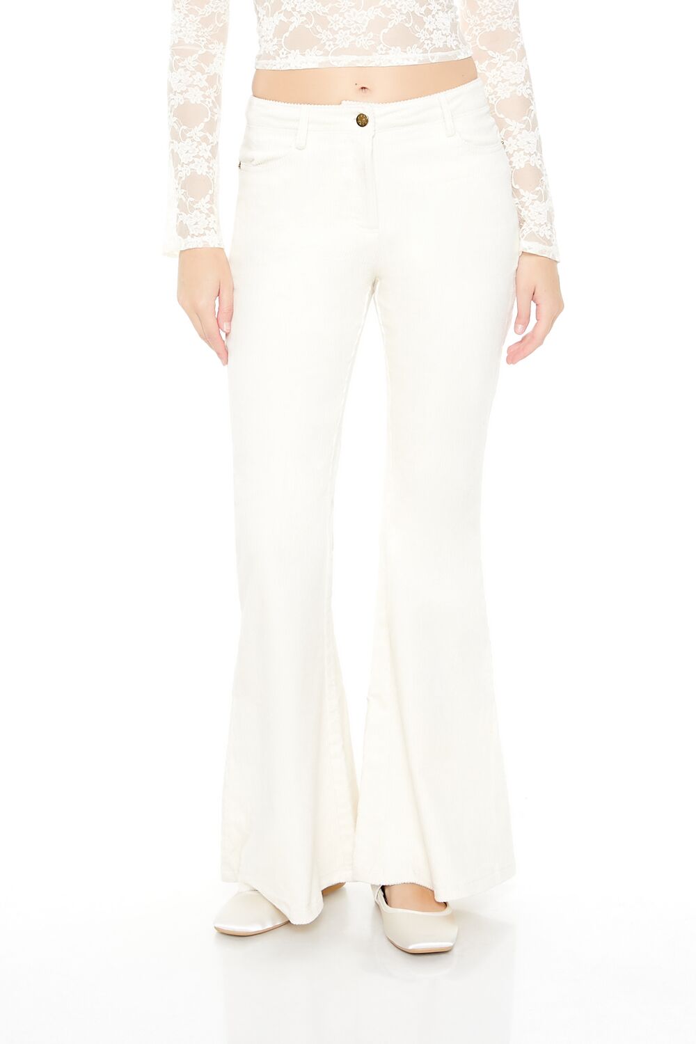  Forever 21 Corduroy Mid-Rise Flare Pants - vanilla - Bonton