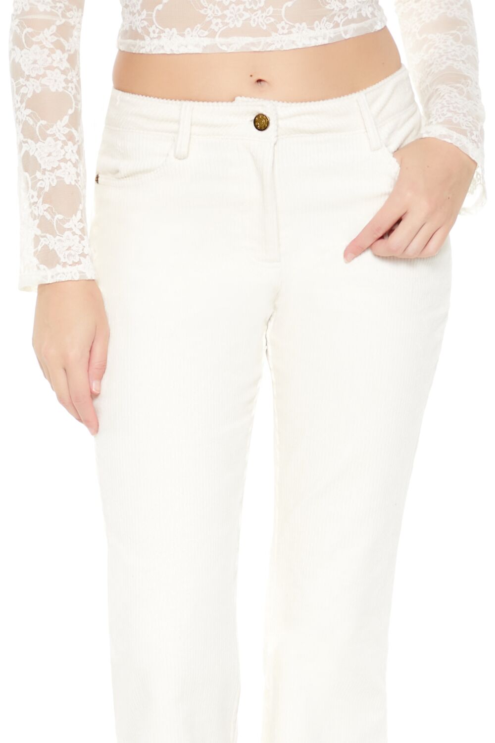  Forever 21 Corduroy Mid-Rise Flare Pants - vanilla - Bonton