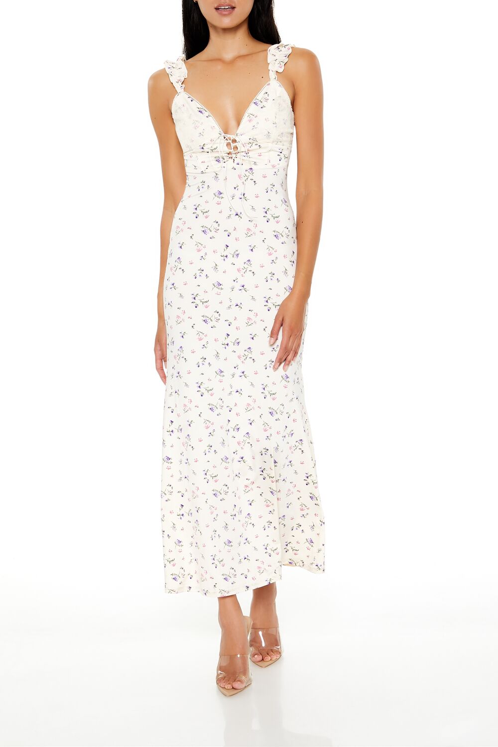  Forever 21 Plunging Ditsy Floral Maxi Dress - cream-multi - Bonton