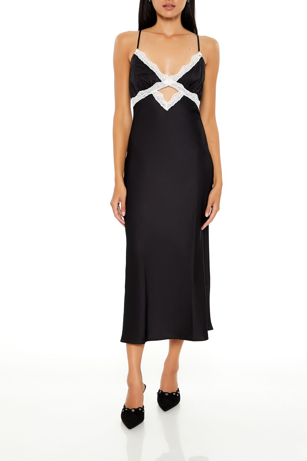  Forever 21 Lace-Trim Maxi Slip Dress - black-multi - Bonton