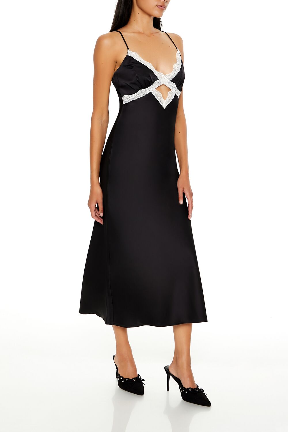  Forever 21 Lace-Trim Maxi Slip Dress - black-multi - Bonton