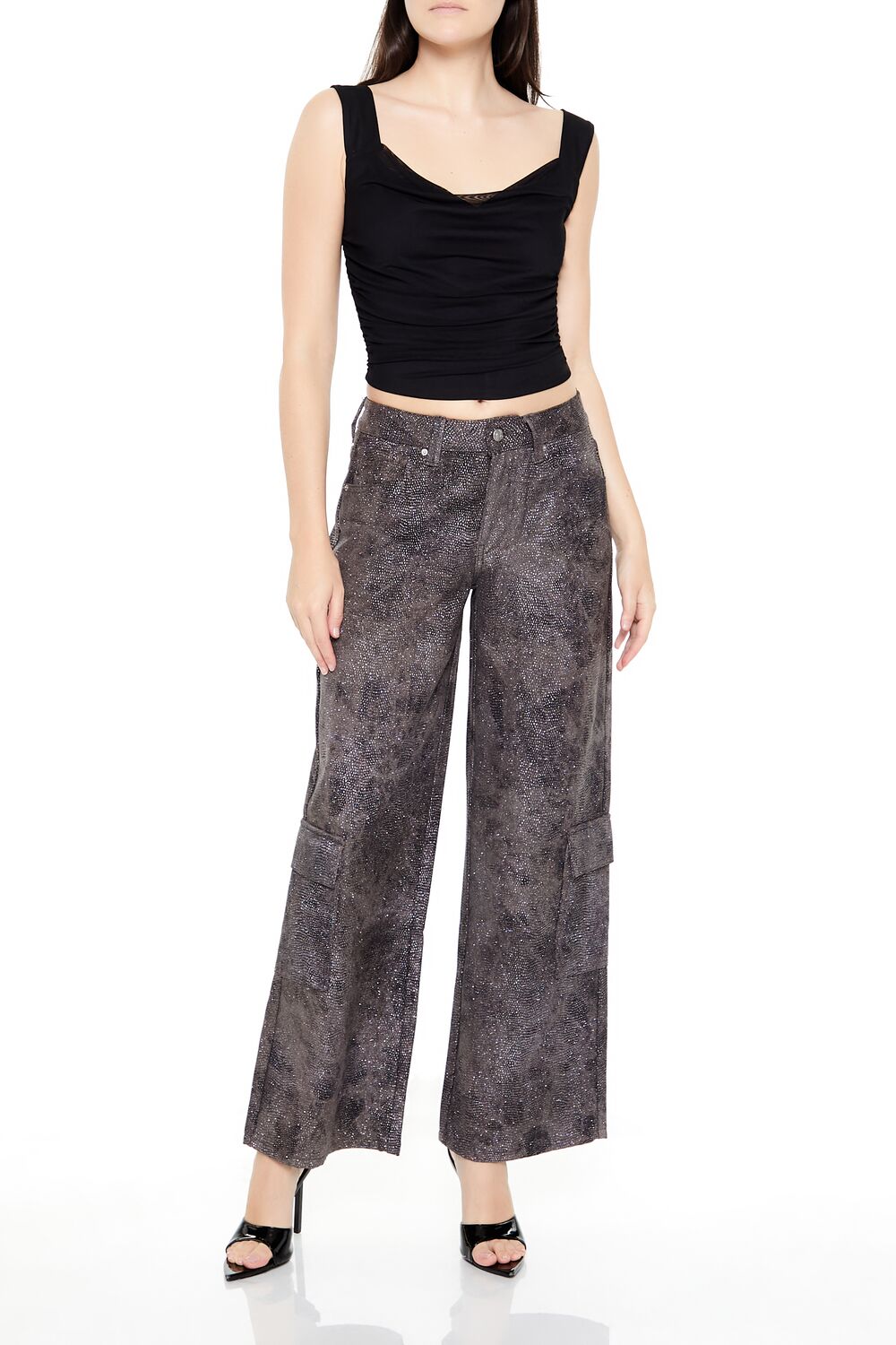  Forever 21 Rhinestone Mid-Rise Cargo Pants - brown-multi - Bonton