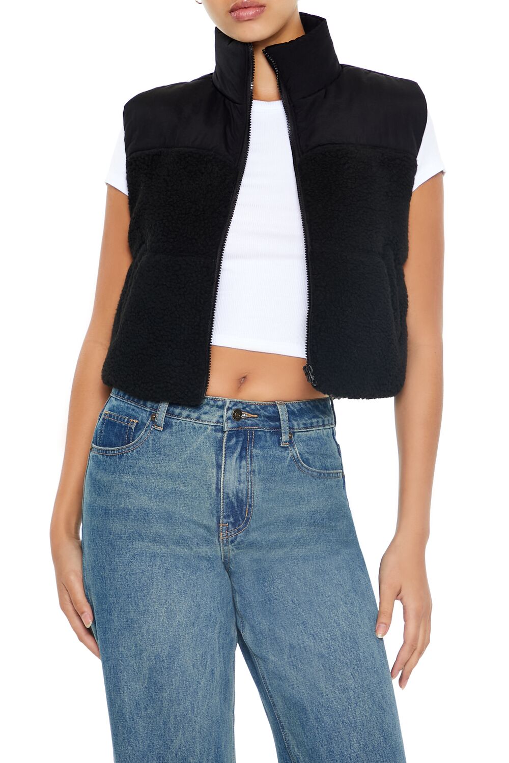  Forever 21 Cropped Faux Shearling Vest - black - Bonton