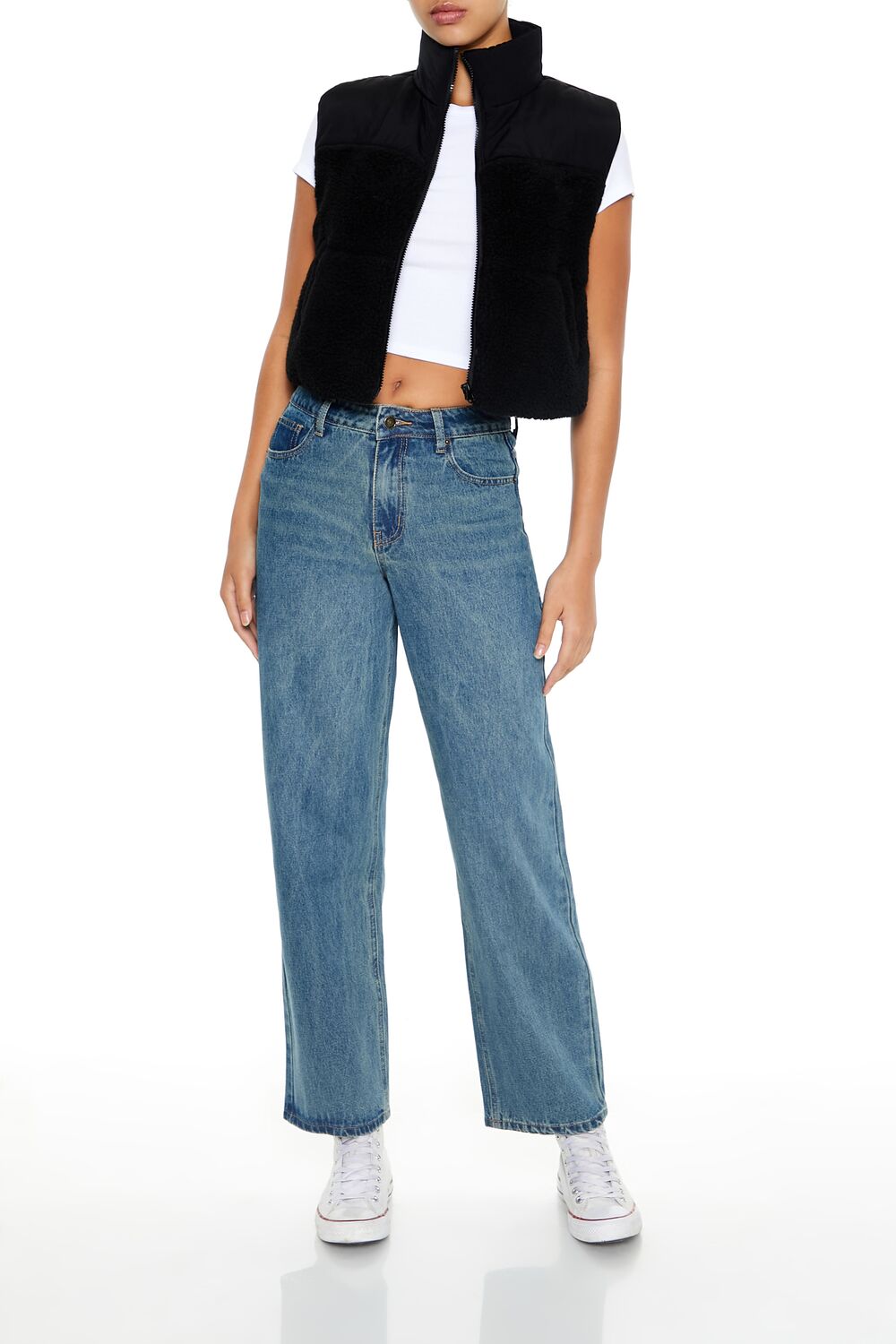  Forever 21 Cropped Faux Shearling Vest - black - Bonton