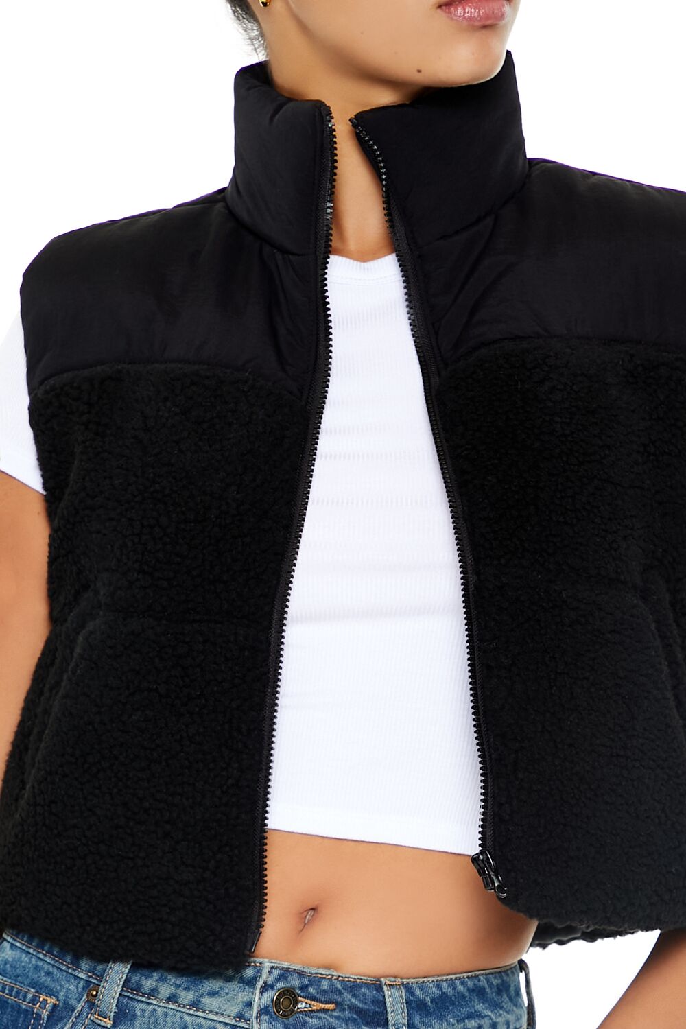  Forever 21 Cropped Faux Shearling Vest - black - Bonton