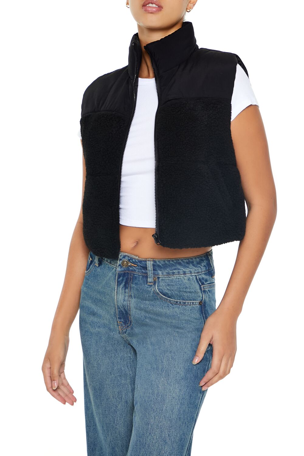  Forever 21 Cropped Faux Shearling Vest - black - Bonton