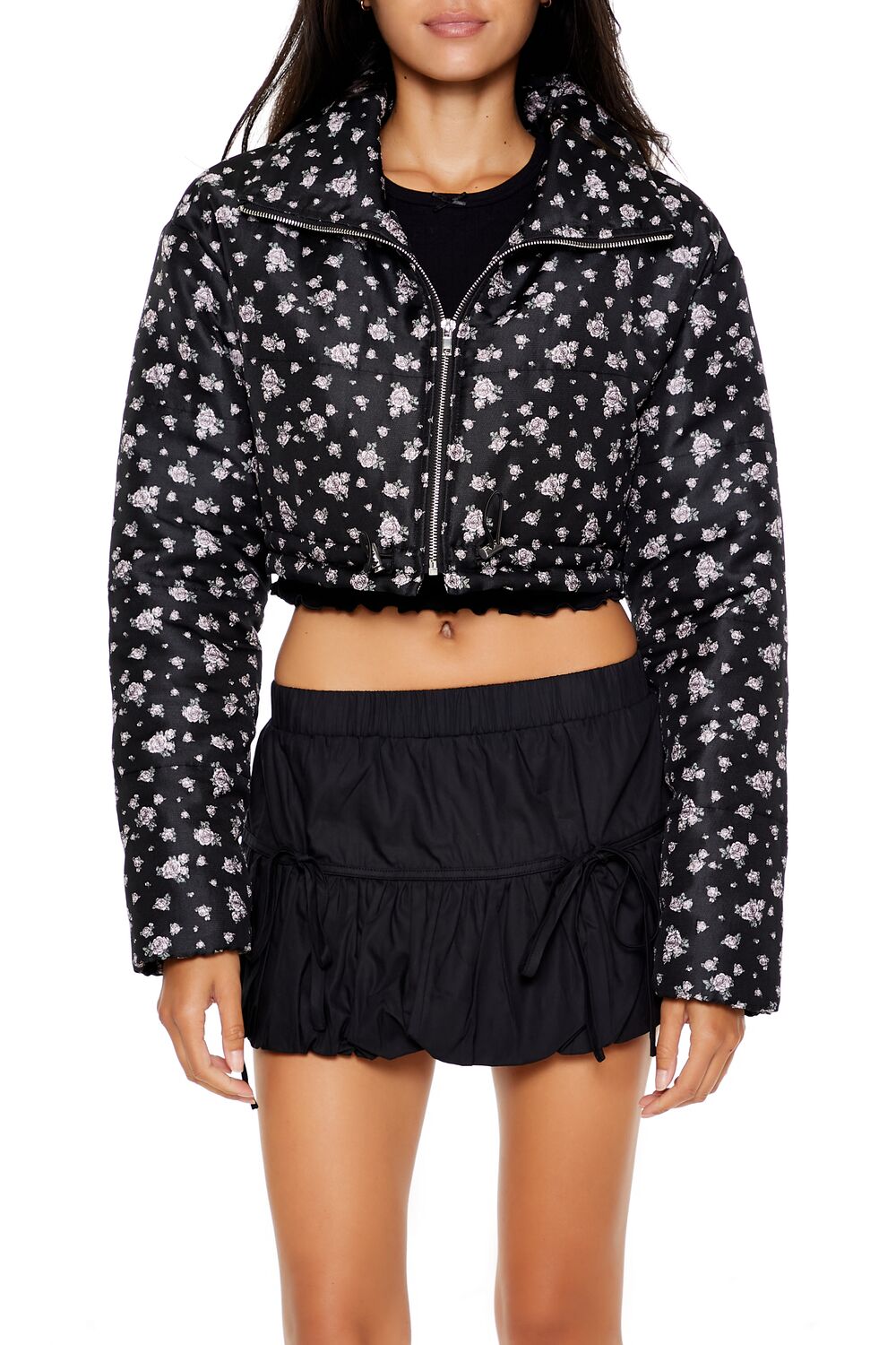  Forever 21 Floral Print Puffer Jacket - black-multi - Bonton
