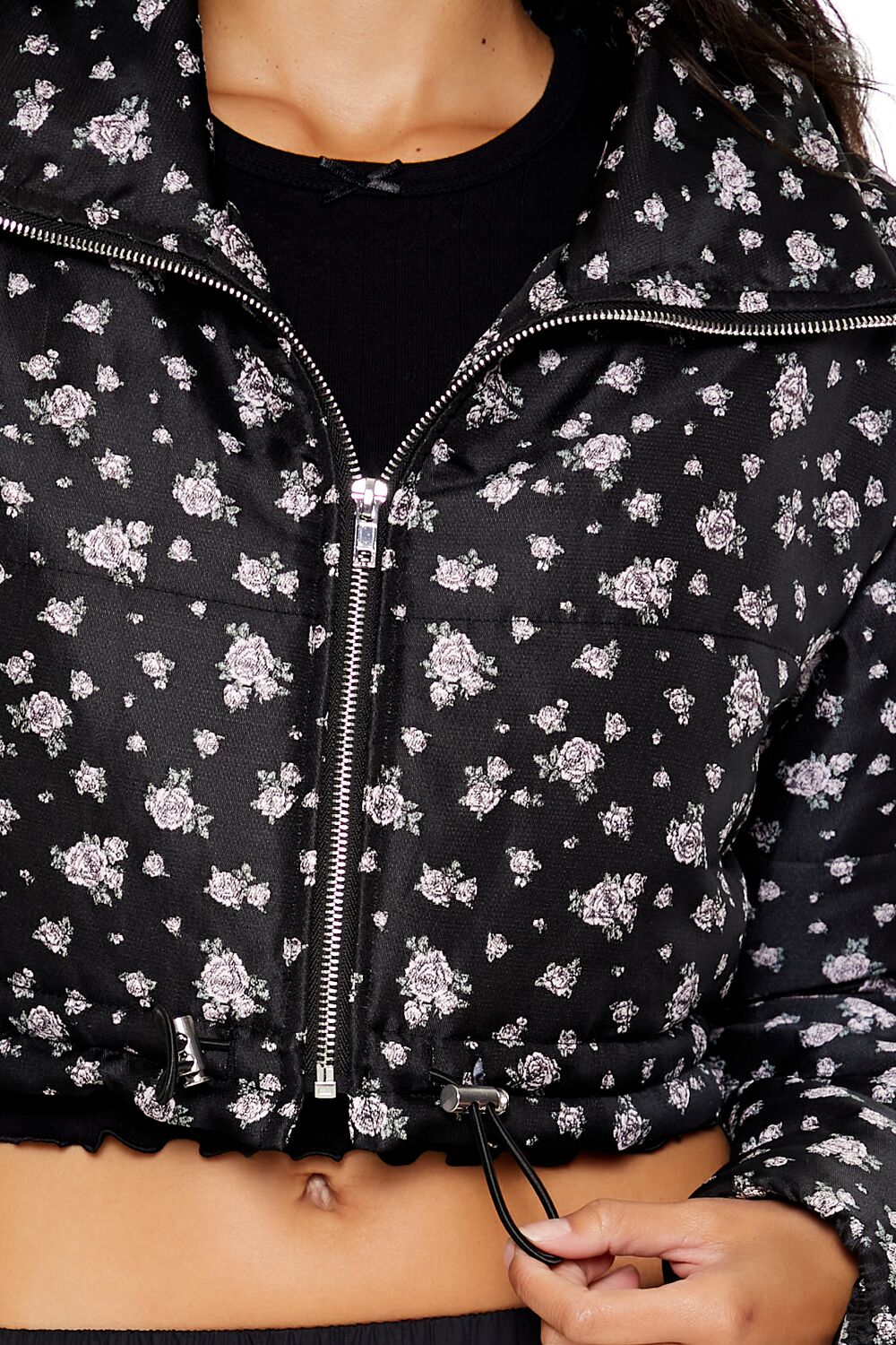  Forever 21 Floral Print Puffer Jacket - black-multi - Bonton