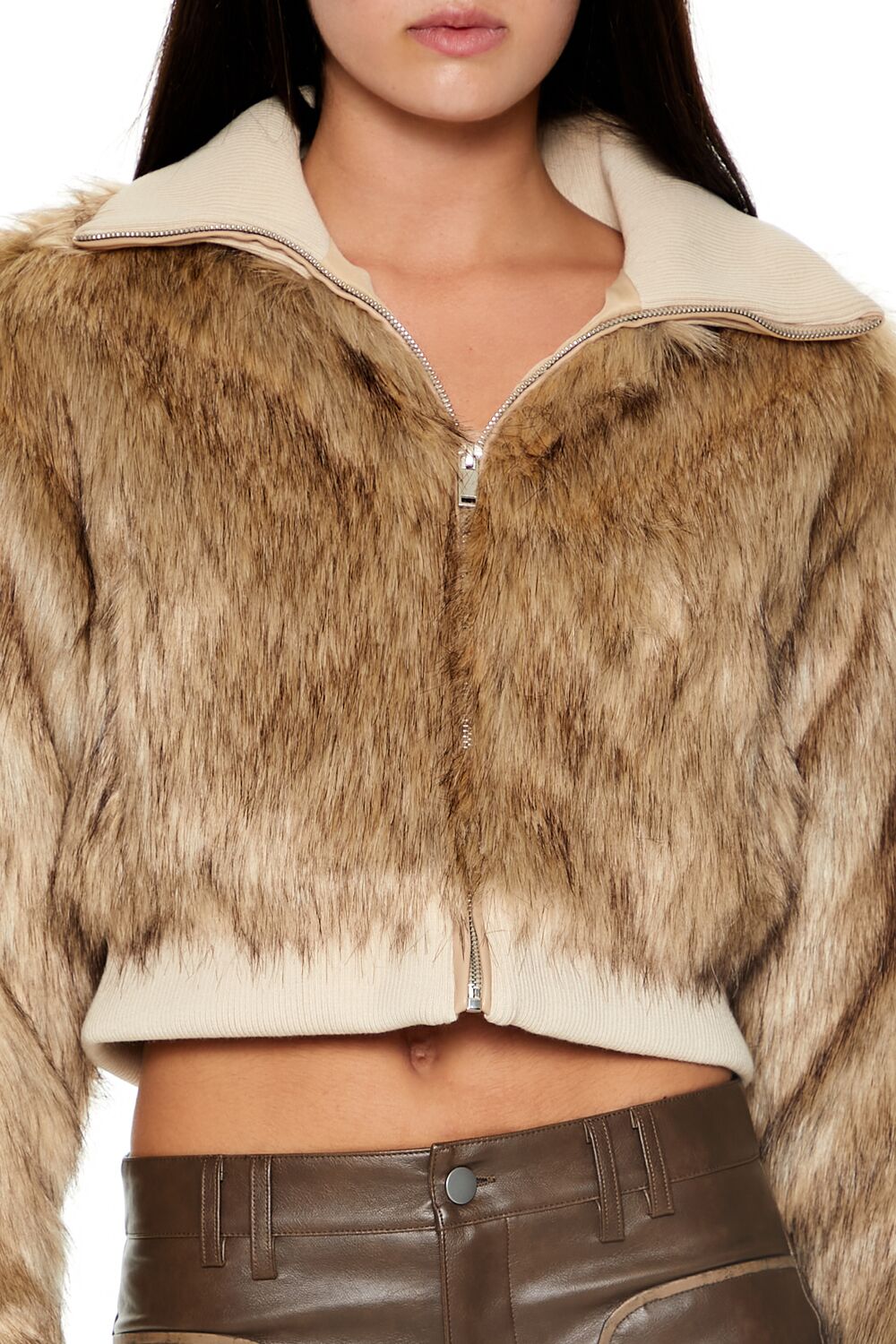  Forever 21 Cropped Faux Fur Bomber Jacket - tan-multi-swatch - Bonton