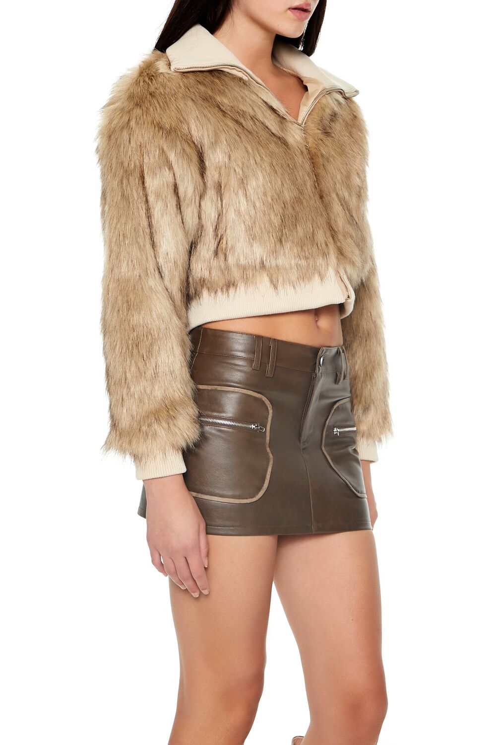  Forever 21 Cropped Faux Fur Bomber Jacket - tan-multi-swatch - Bonton