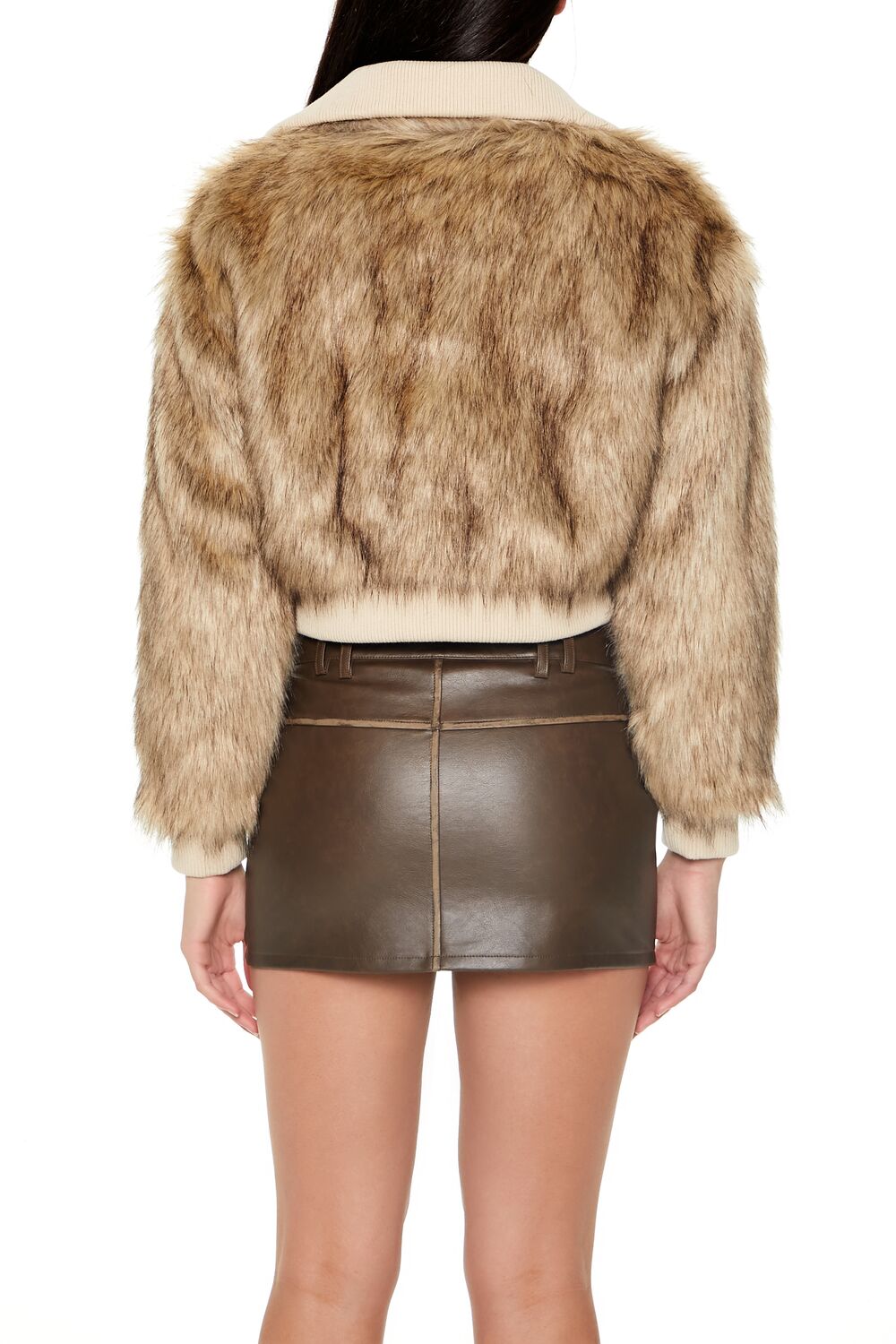  Forever 21 Cropped Faux Fur Bomber Jacket - tan-multi-swatch - Bonton