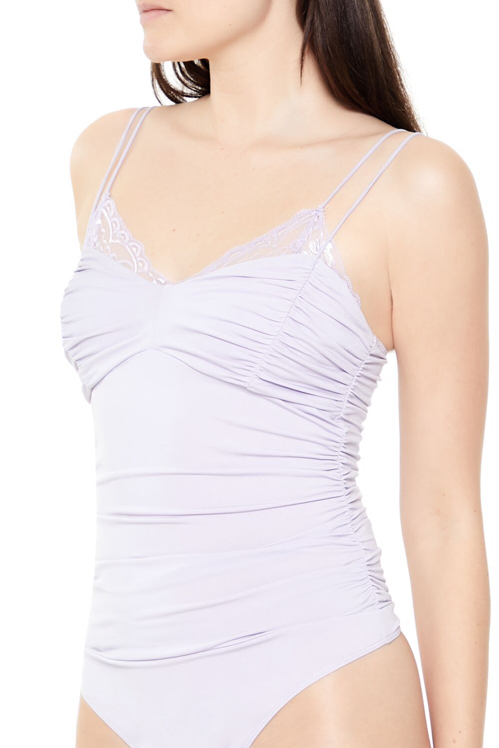  Forever 21 Lace-Trim Ruched Bodysuit - wisteria - Bonton
