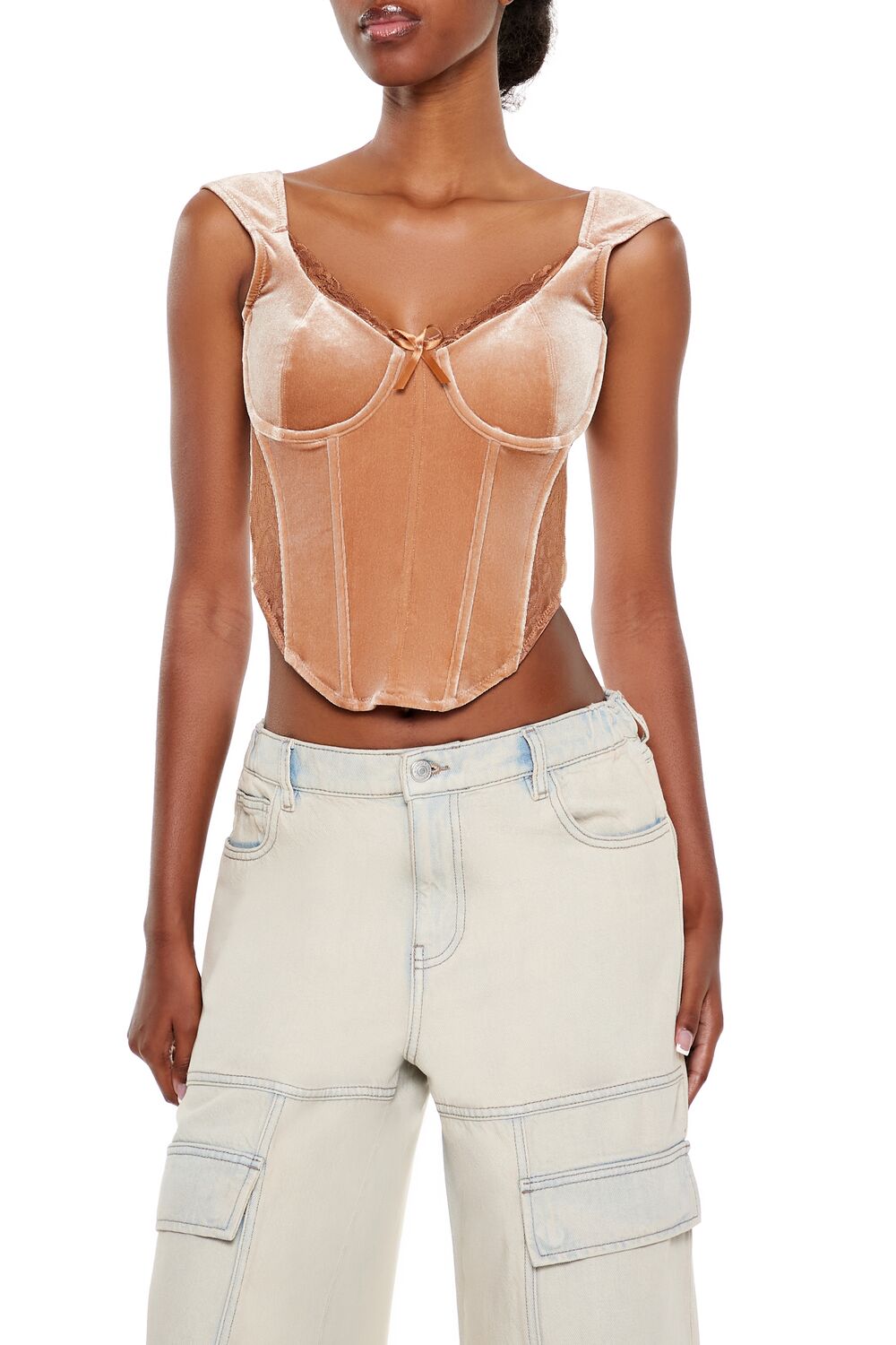  Forever 21 Velvet Bow Bustier Crop Top - camel - Bonton