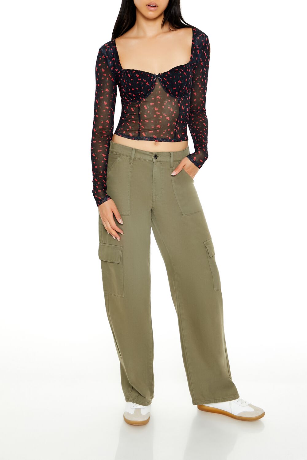  Forever 21 Mesh Cherry Print Crop Top - black multi - Bonton