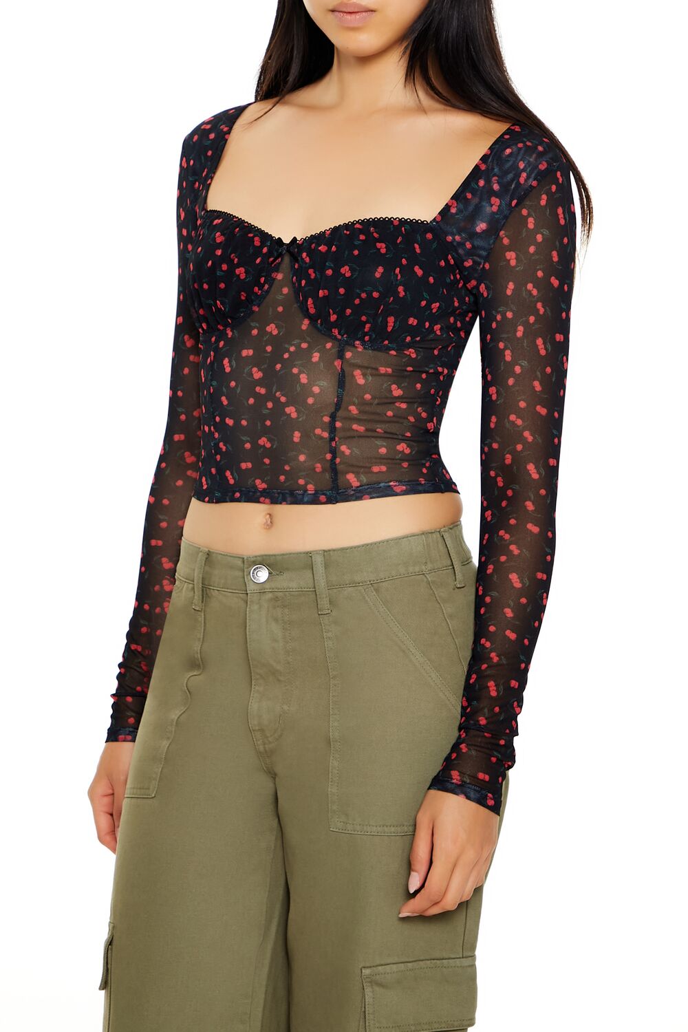  Forever 21 Mesh Cherry Print Crop Top - black multi - Bonton
