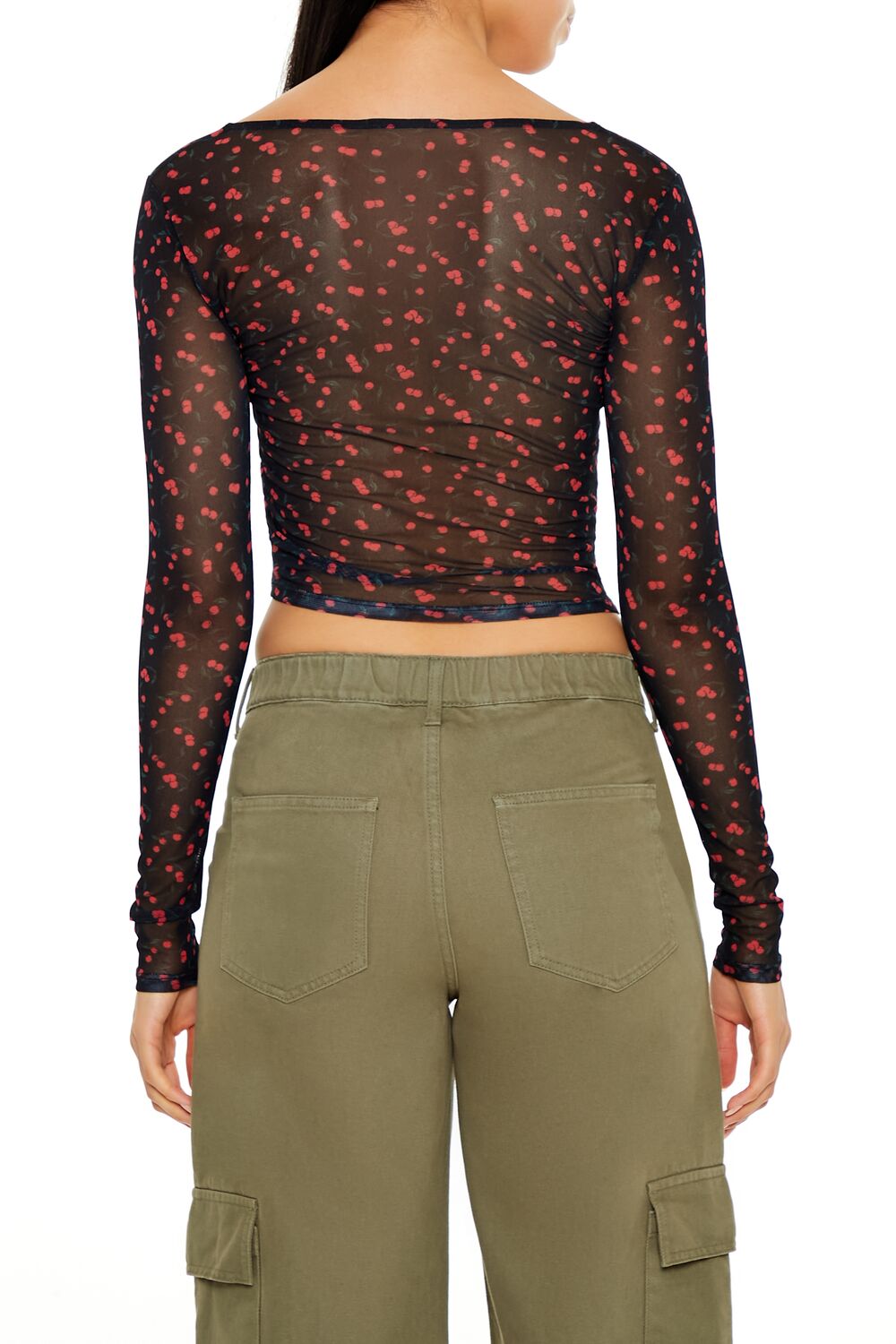  Forever 21 Mesh Cherry Print Crop Top - black multi - Bonton