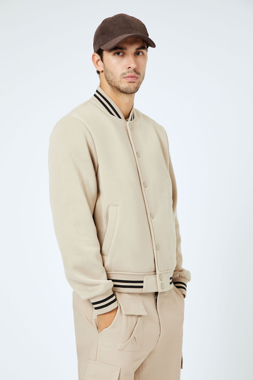  Forever 21 Varsity-Striped Bomber Jacket - taupe - Bonton
