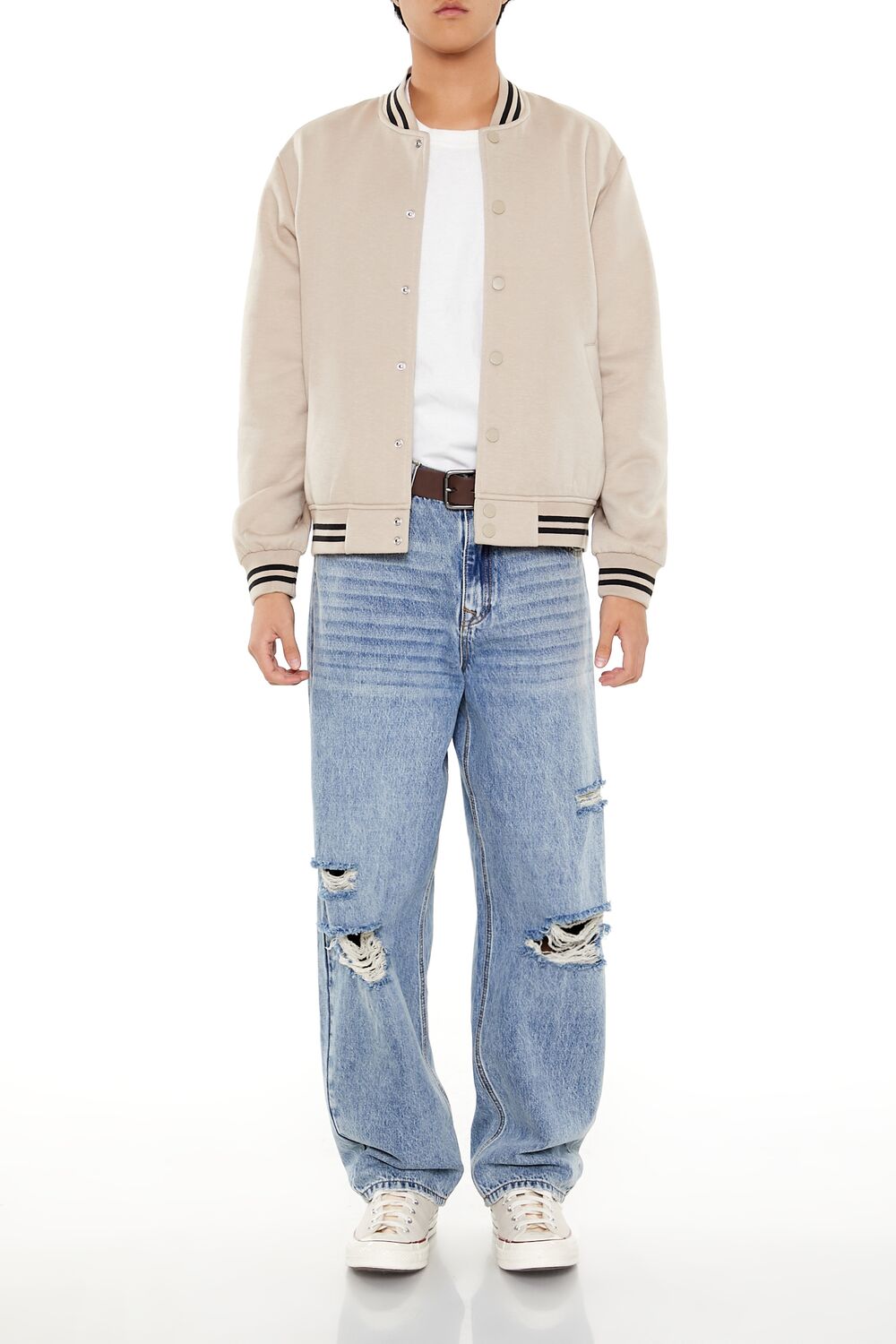  Forever 21 Varsity-Striped Bomber Jacket - taupe - Bonton