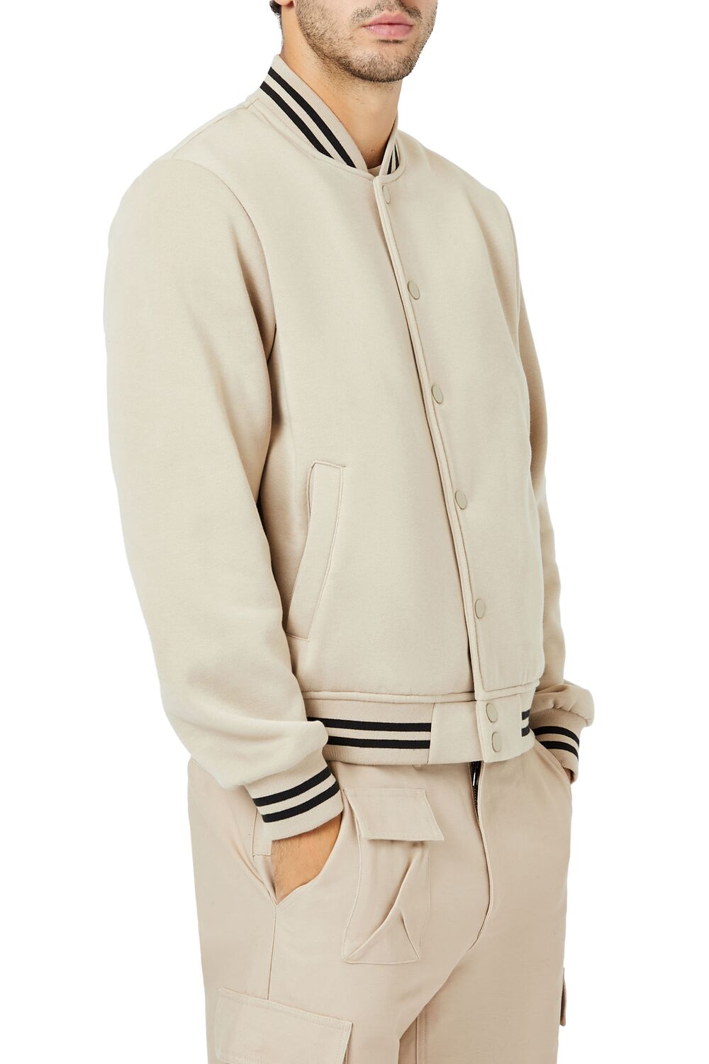  Forever 21 Varsity-Striped Bomber Jacket - taupe - Bonton