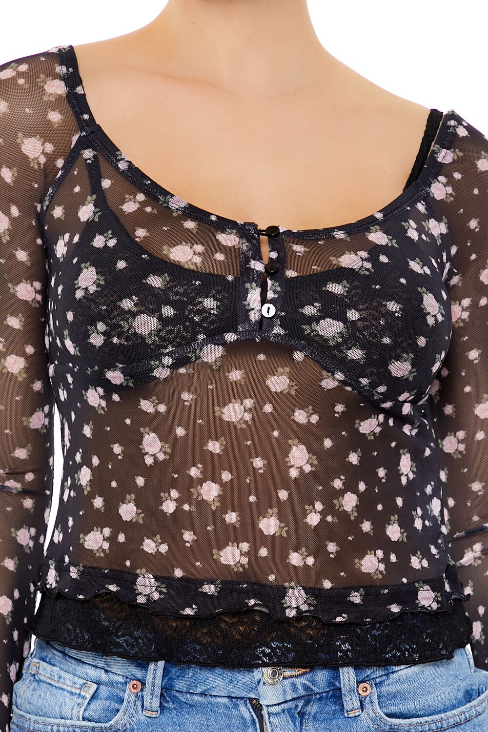  Forever 21 Sheer Mesh Rose Print Top - black multi - Bonton