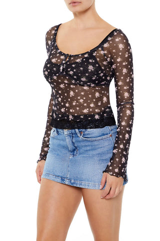 Sheer Mesh Rose Print Top