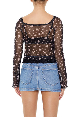 Sheer Mesh Rose Print Top