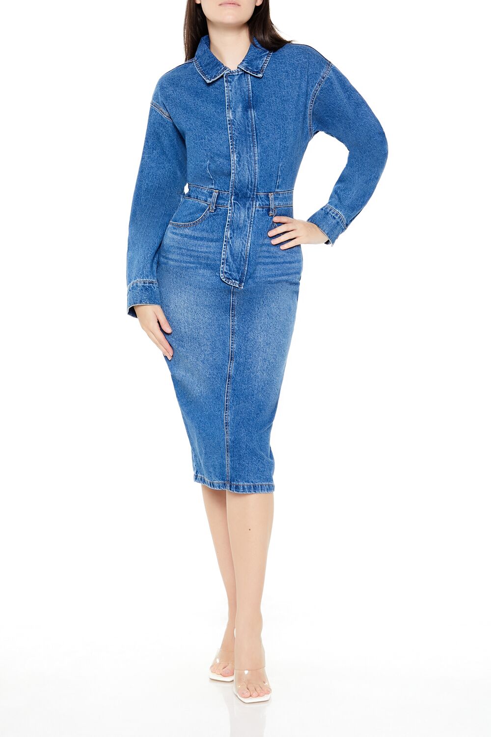  Forever 21 Denim Button-Front Midi Dress - medium-denim - Bonton