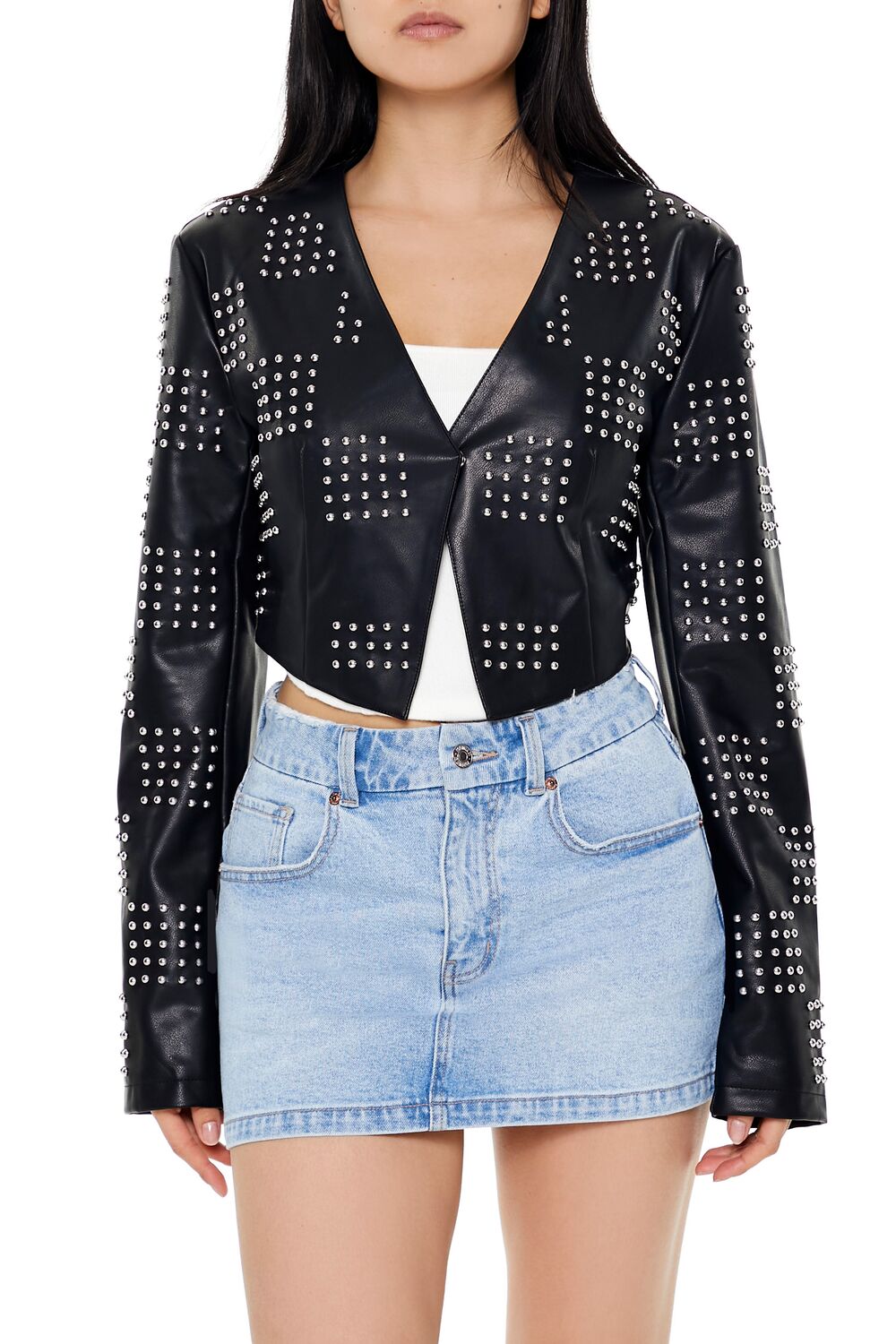  Forever 21 Studded Checkered Jacket - black-swatch - Bonton