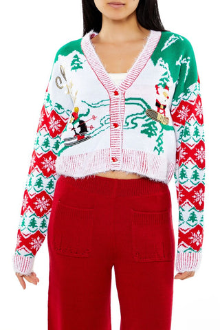 Snowboarding Santa Cardigan Sweater