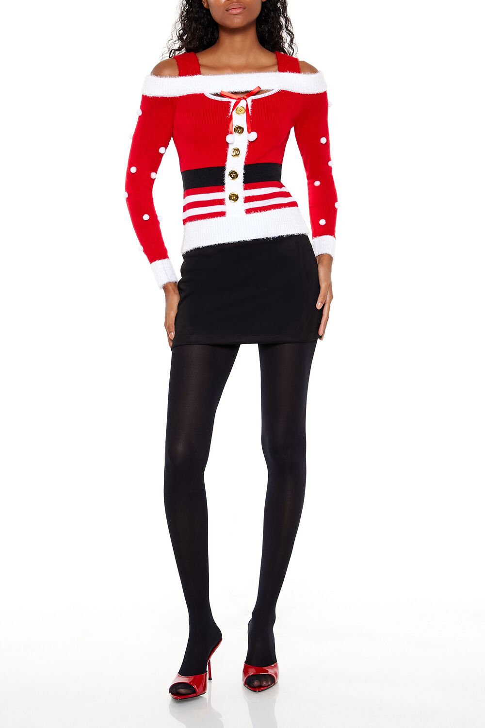  Forever 21 Santa Open-Shoulder Sweater - red multi - Bonton