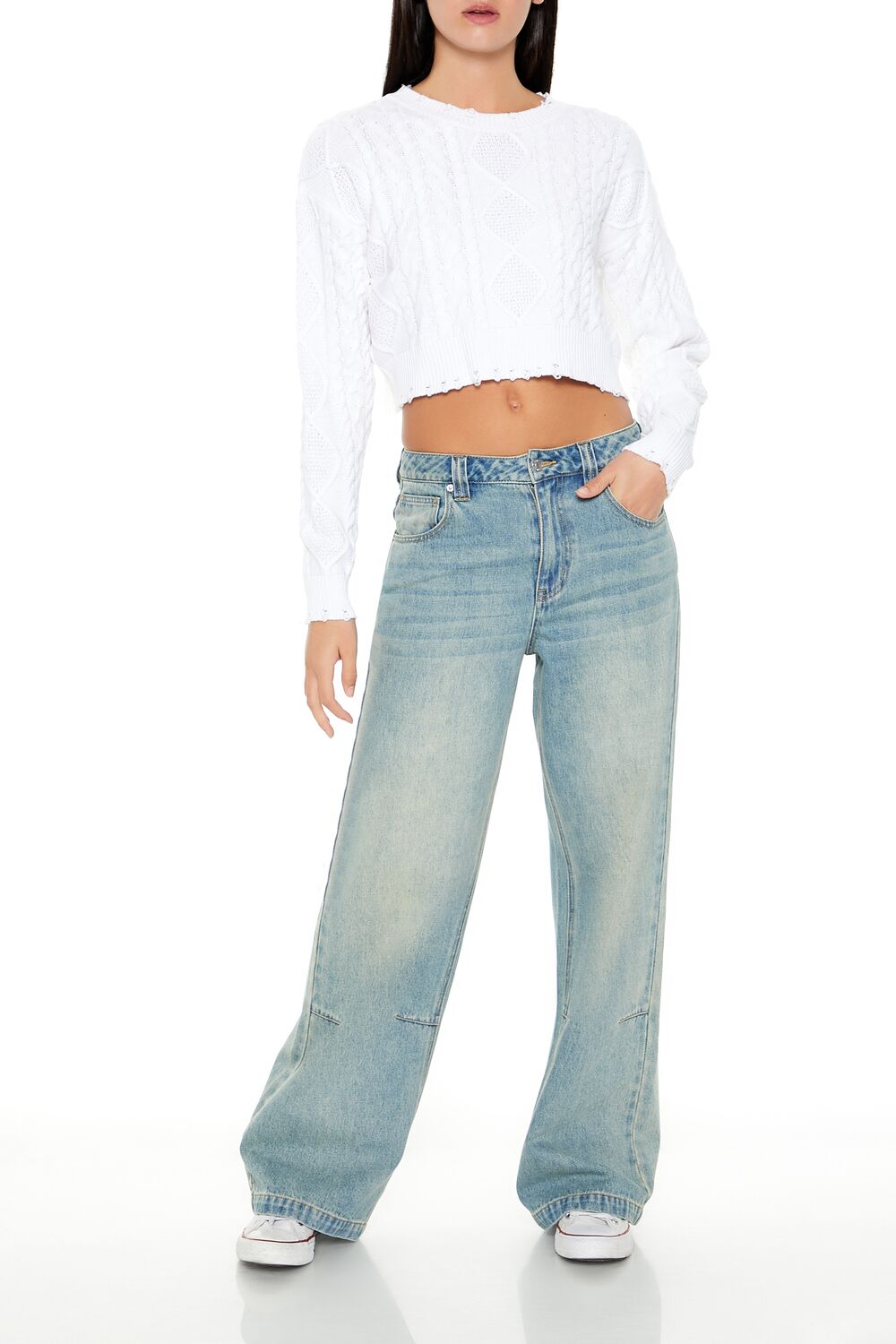  Forever 21 Cropped Cable Knit Sweater - white - Bonton