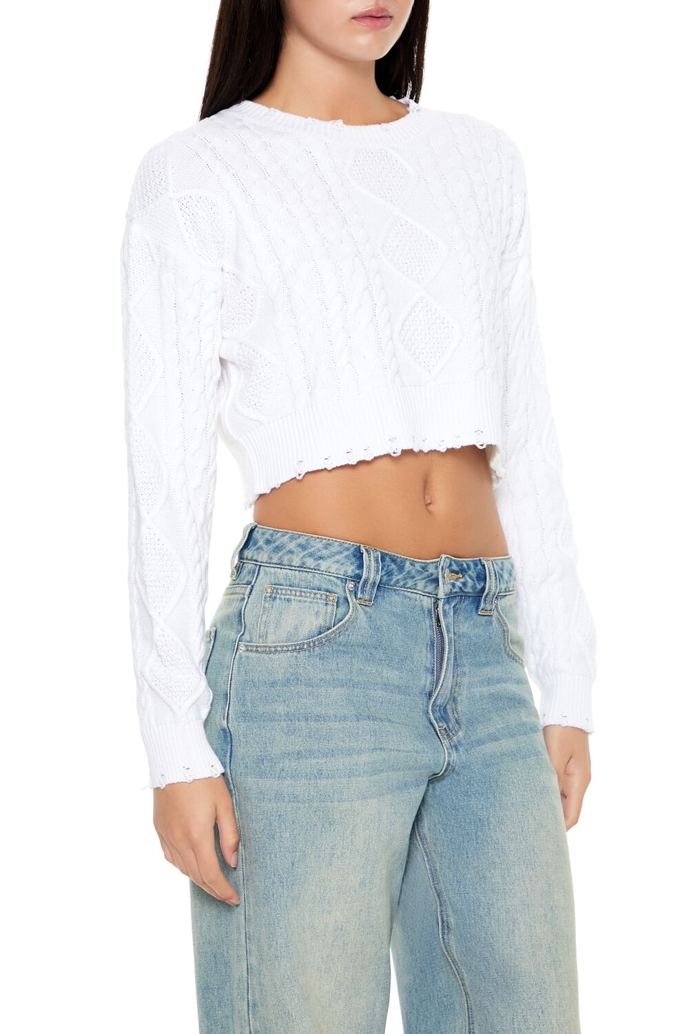  Forever 21 Cropped Cable Knit Sweater - white - Bonton