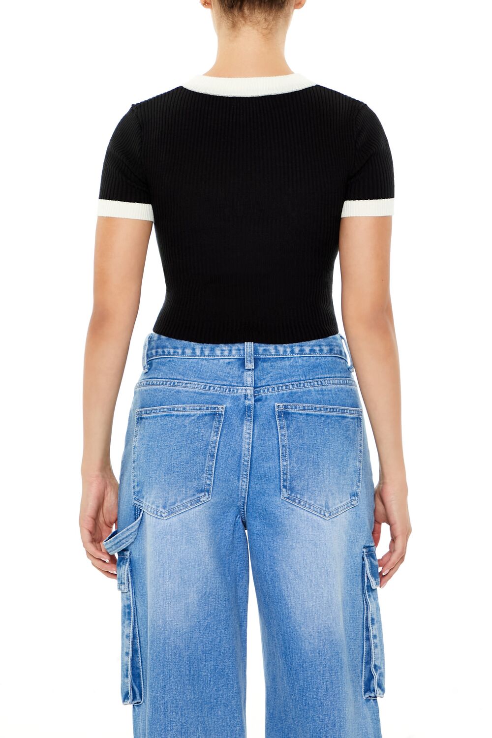  Forever 21 Sweater-Knit Ringer Cropped Tee - black white - Bonton