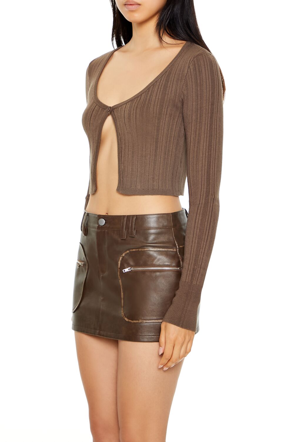  Forever 21 Cropped Split-Hem Cardigan Sweater - ash brown - Bonton
