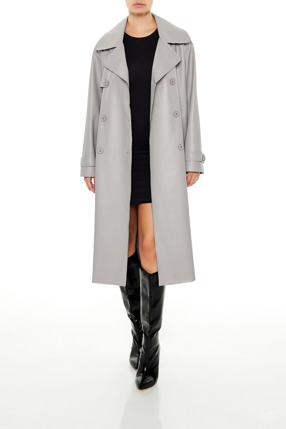  Forever 21 Faux Leather Notched Trench Coat - grey - Bonton