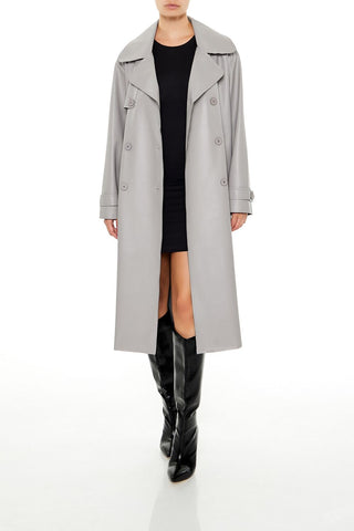 Faux Leather Notched Trench Coat