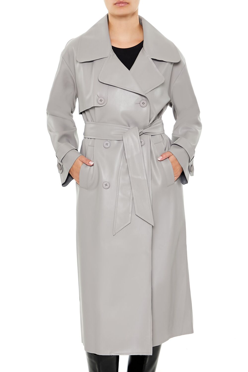  Forever 21 Faux Leather Notched Trench Coat - grey - Bonton