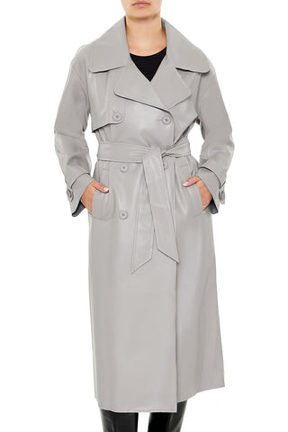 Faux Leather Notched Trench Coat