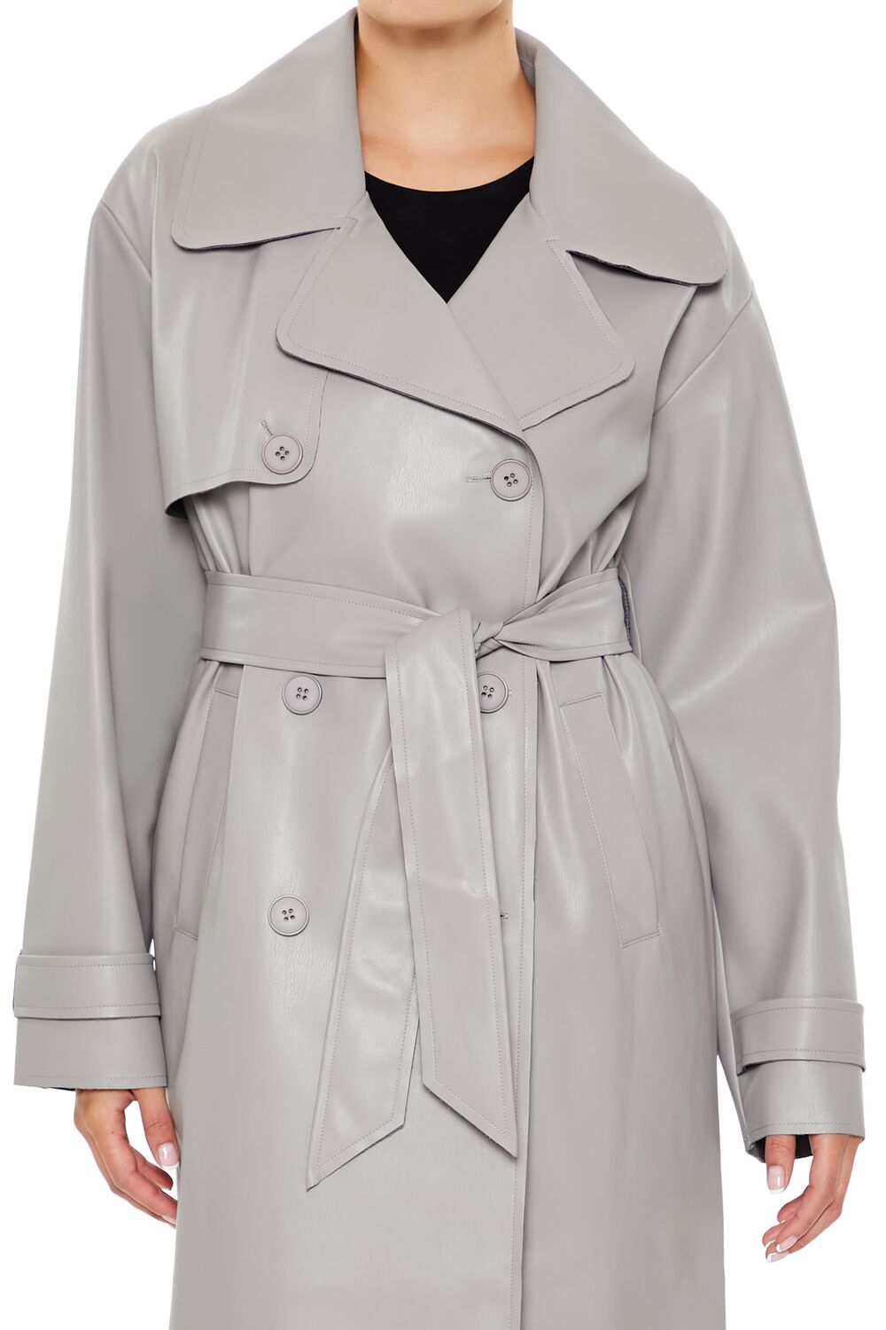  Forever 21 Faux Leather Notched Trench Coat - grey - Bonton