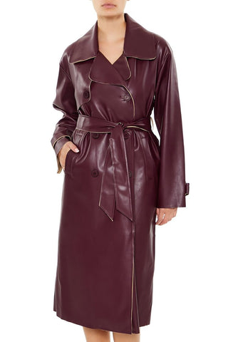 Faux Leather Notched Trench Coat