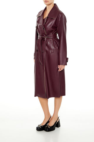 Faux Leather Notched Trench Coat
