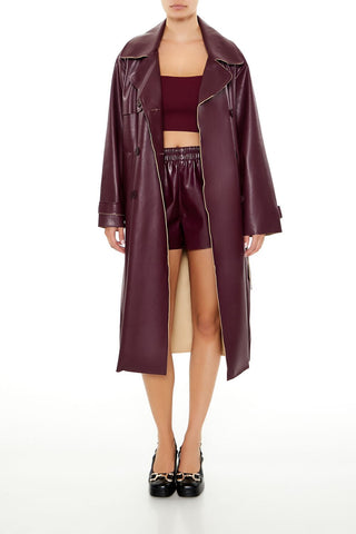 Faux Leather Notched Trench Coat