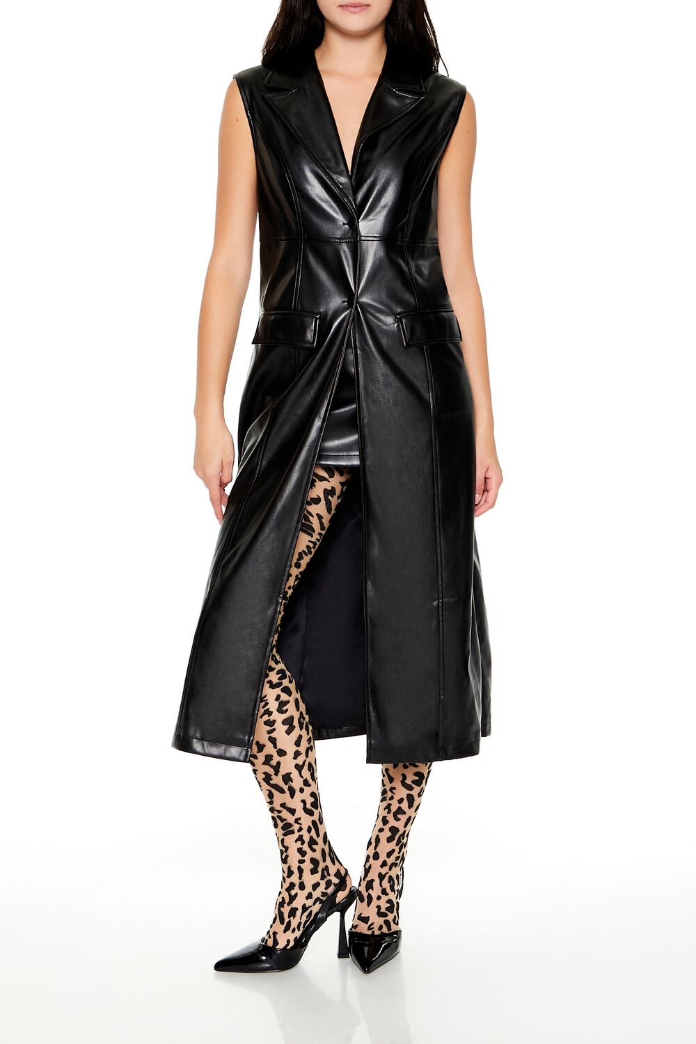  Forever 21 Notched Faux Leather Longline Vest - black - Bonton