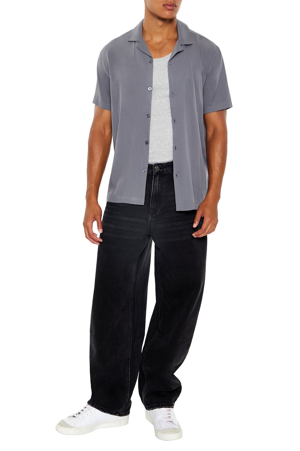  Forever 21 Rayon Cuban-Collar Shirt - grey - Bonton