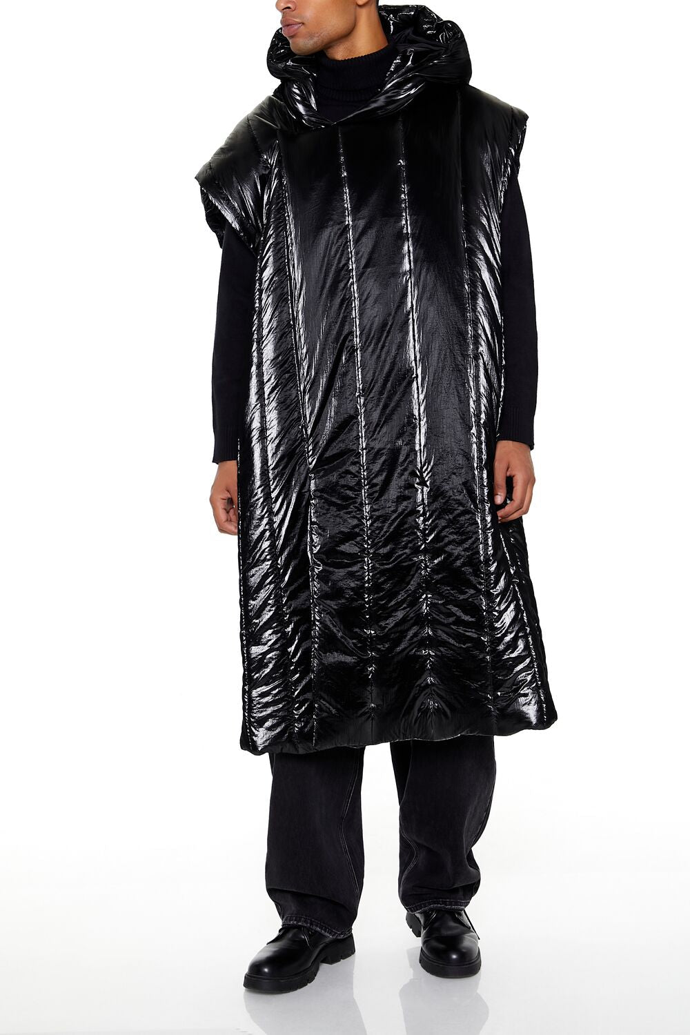  Forever 21 Hooded Longline Puffer Vest - black - Bonton