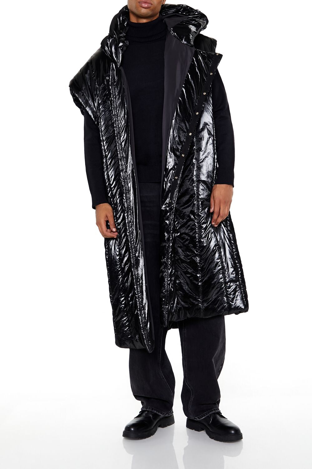  Forever 21 Hooded Longline Puffer Vest - black - Bonton